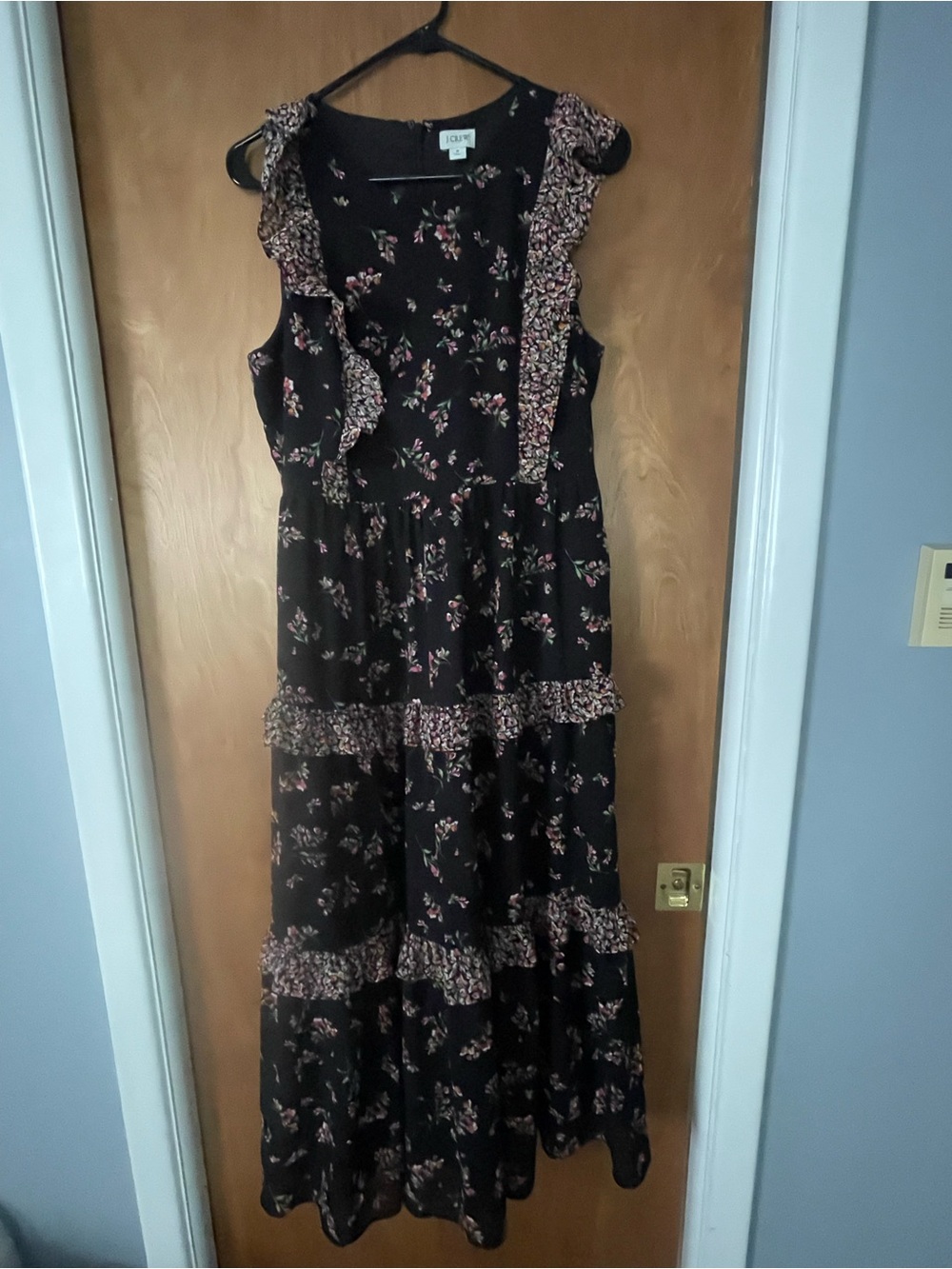 J. Crew Black Floral Ruffle Tiered Maxi Dress with Pink Accents